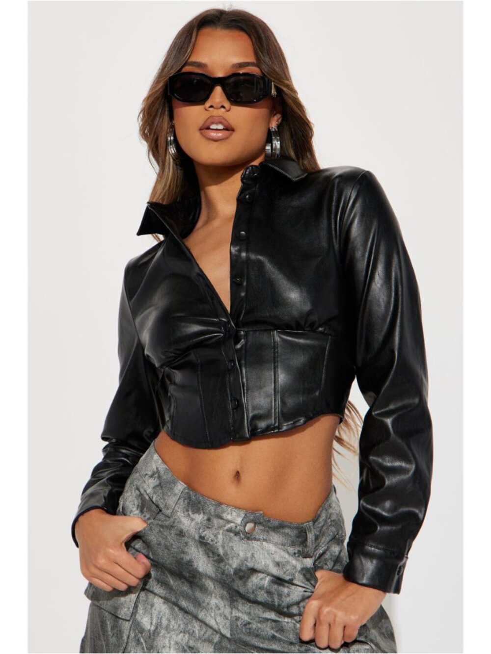 NEW with Tags (NWT) - Fashion Nova Cropped Black Faux Leather Top - Large (L)